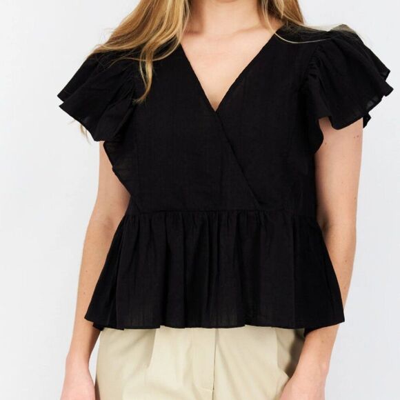 Women Grade & Gather Women V-Neck Flutter Sleeves Plain Top in Black Size Small - Picture 1 of 8